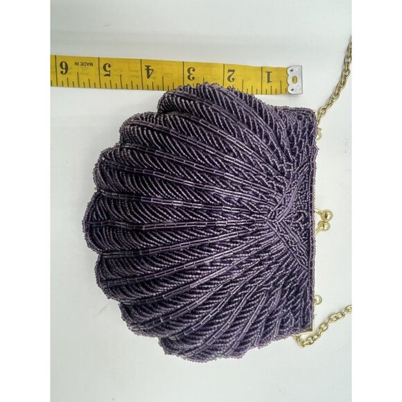 Vintage La Regale Purple Beaded Sequined Clutch Purse Clam Shell Shoulder Bag - Picture 4 of 7